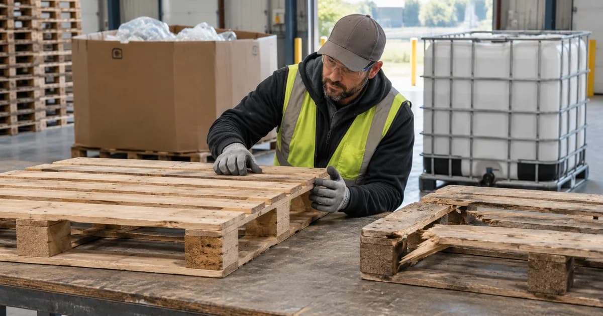 A worker inspecting reusable packaging for damage and acceptable condition.
