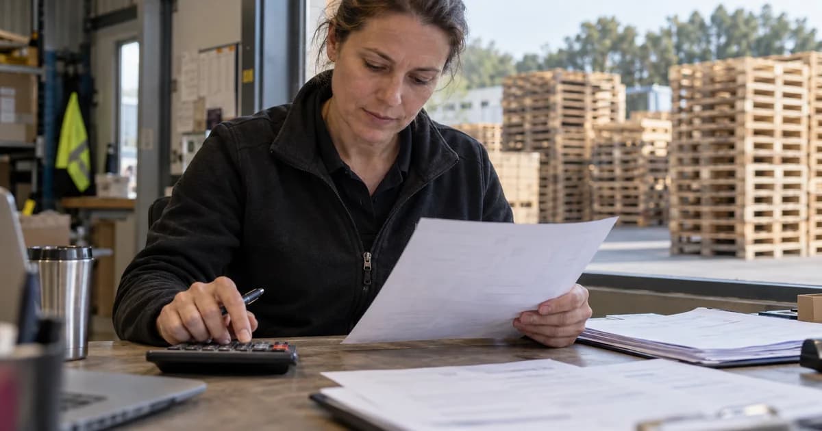 Procurement manager reviewing pallet invoices with a calculator.