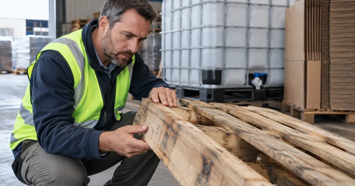 Buyer inspecting the condition of used industrial packaging.