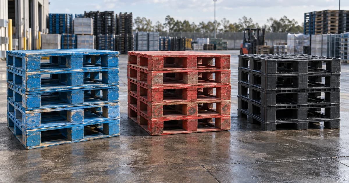 Blue and red wooden pallets beside black plastic pallets at a pooling depot.