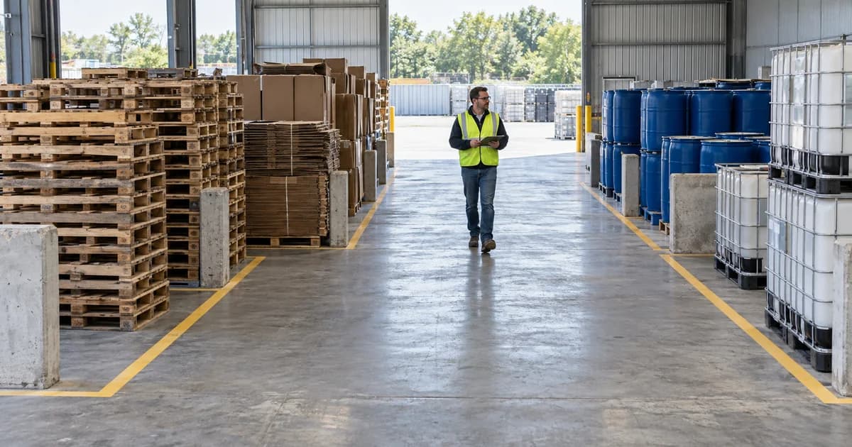 Separate packaging recovery bays for pallets, boxes, drums and IBC totes.