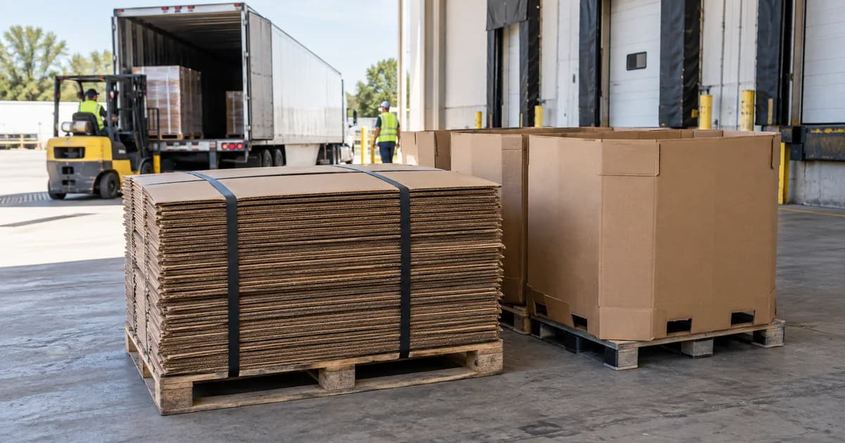 Gaylord boxes bundled and staged at a loading dock for pickup.