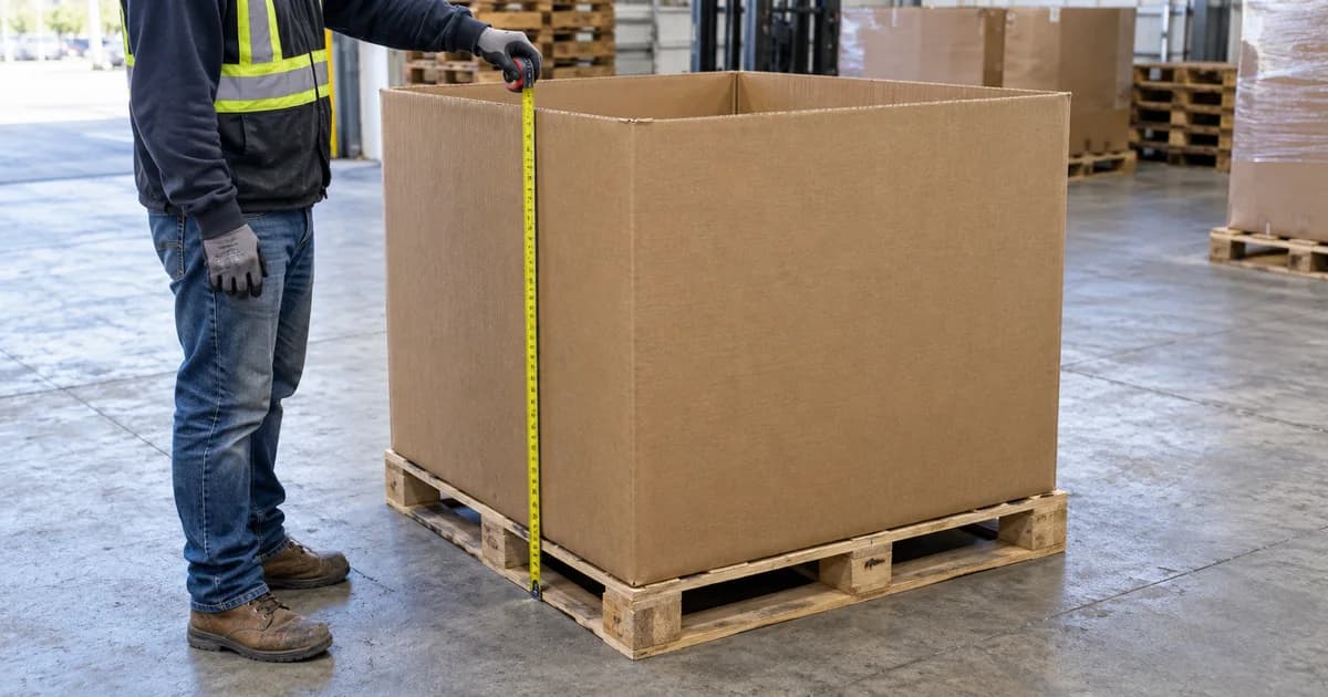 A pallet-sized Gaylord box being measured along an outer corner.