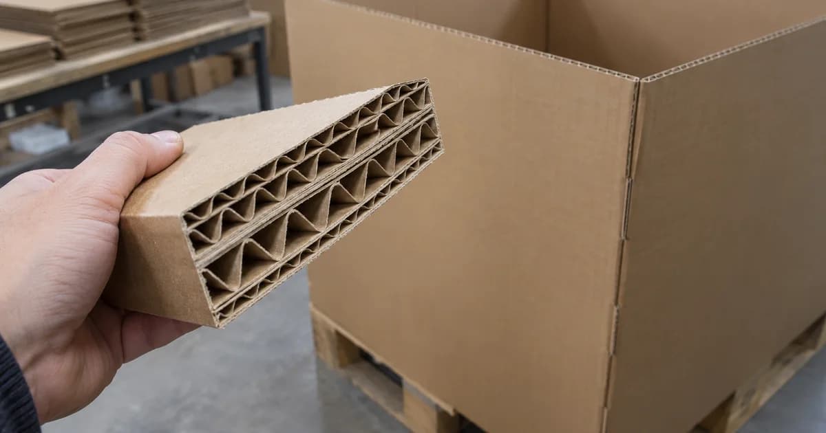 Cut edge of multiwall corrugated cardboard beside a Gaylord box.