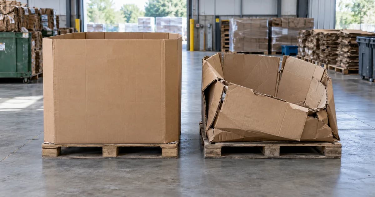 A sound Gaylord box beside damaged cardboard prepared for recycling.