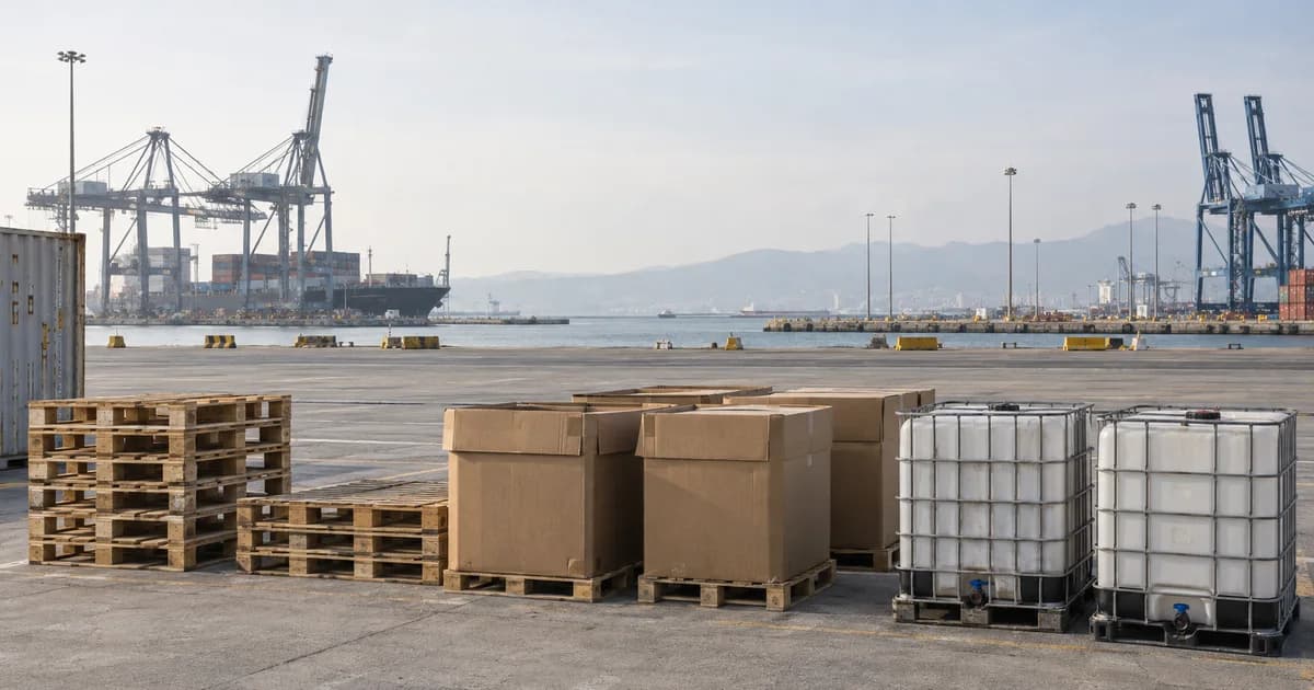Quiet container terminal with used packaging staged in the foreground.