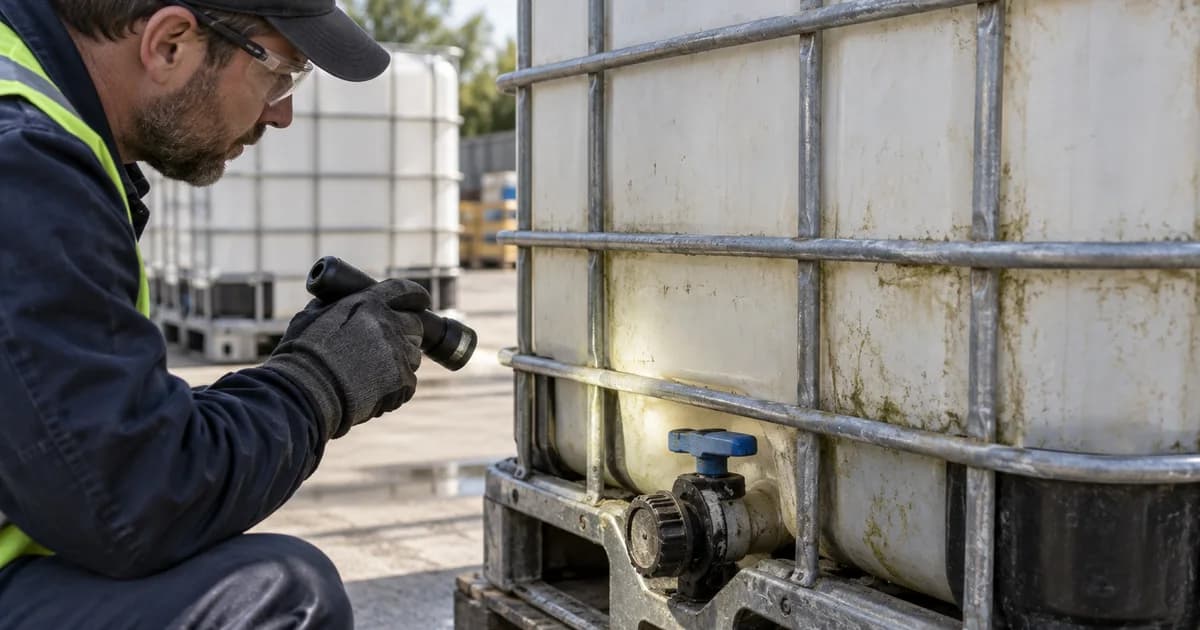 A worker inspecting the bottle and valve of a used IBC tote.