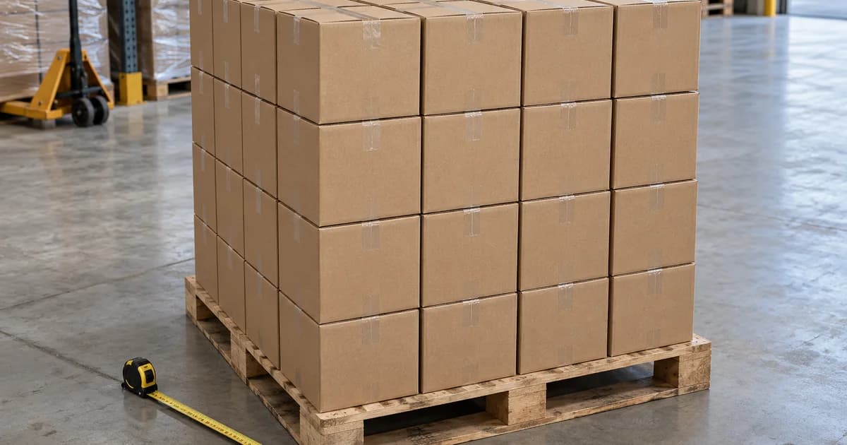 Even layers of cartons on a wooden pallet, ready for case-count measurements.