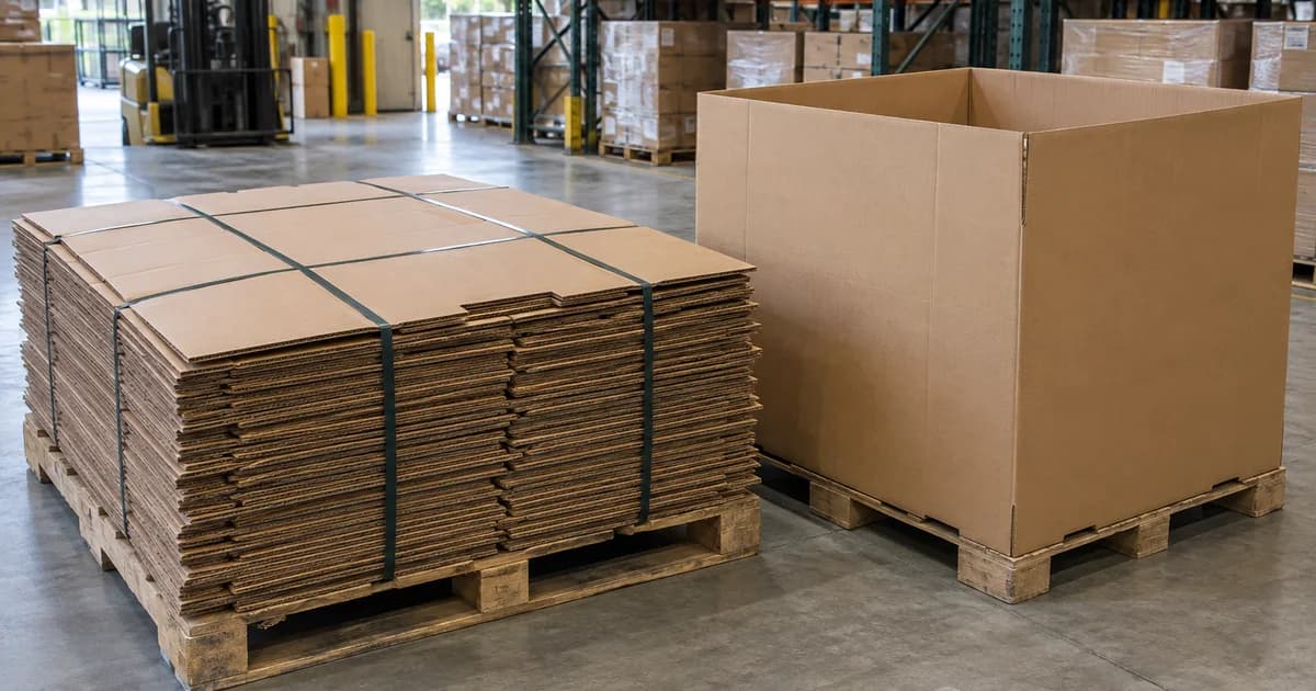 Flattened Gaylord box sleeves stacked beside an assembled bulk box.