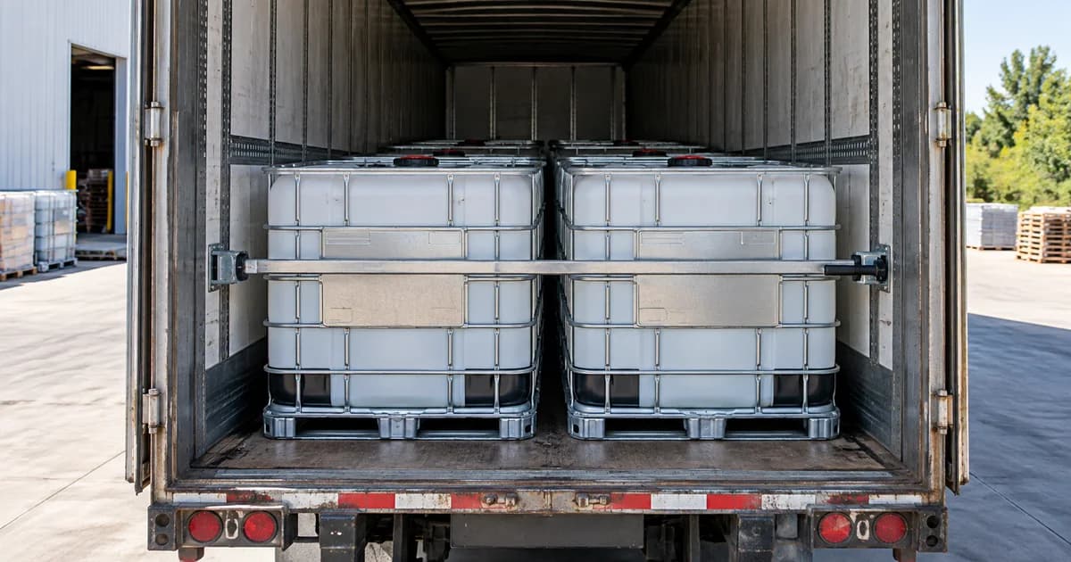 Caged IBC totes secured with load bars inside a dry van.