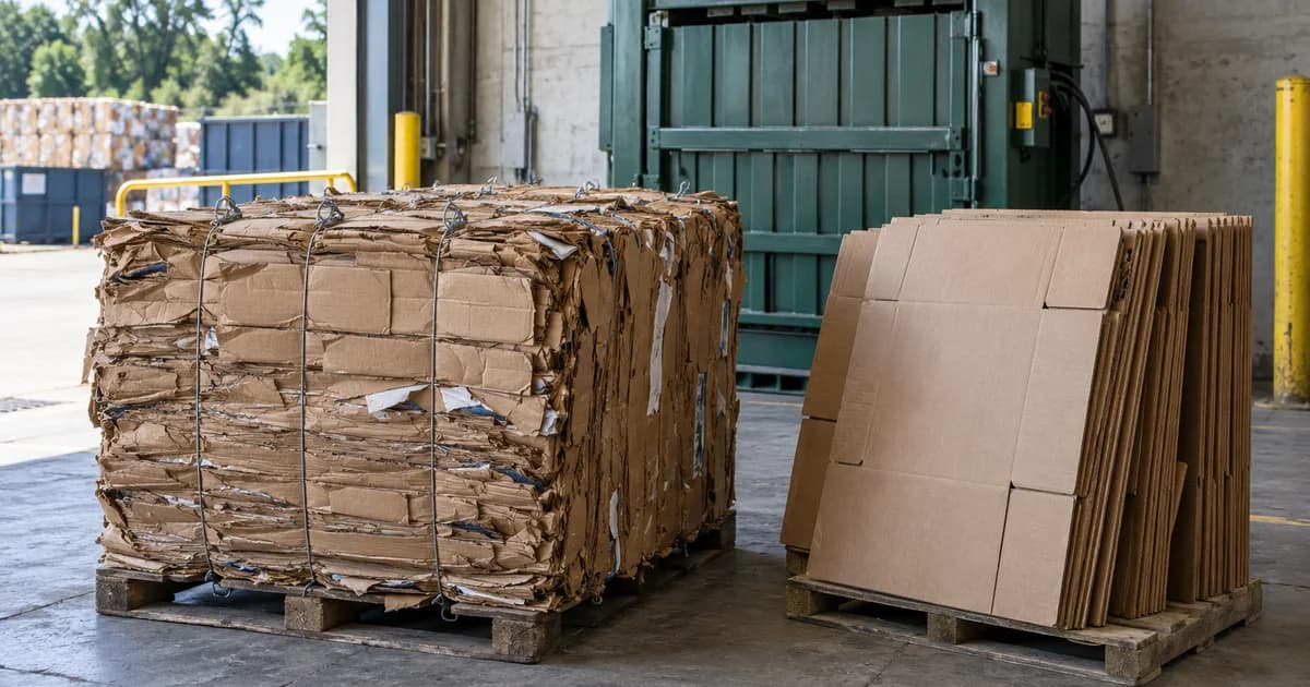 A bale of corrugated cardboard beside folded Gaylord boxes at a recycling dock.