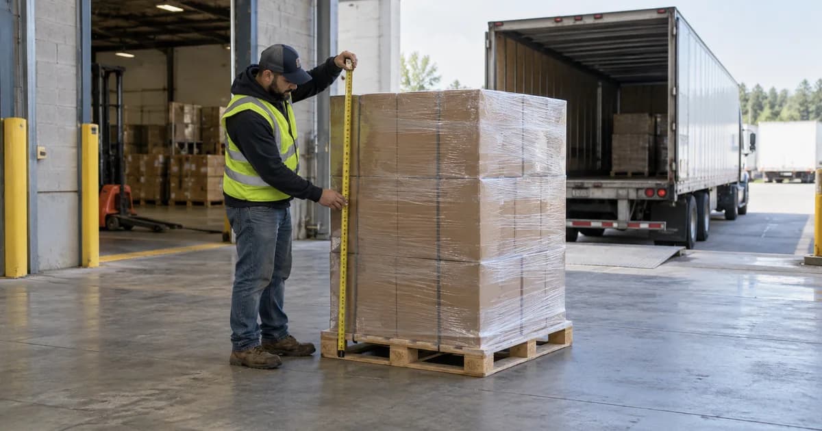 A warehouse worker measuring a wrapped pallet of cartons before shipping.