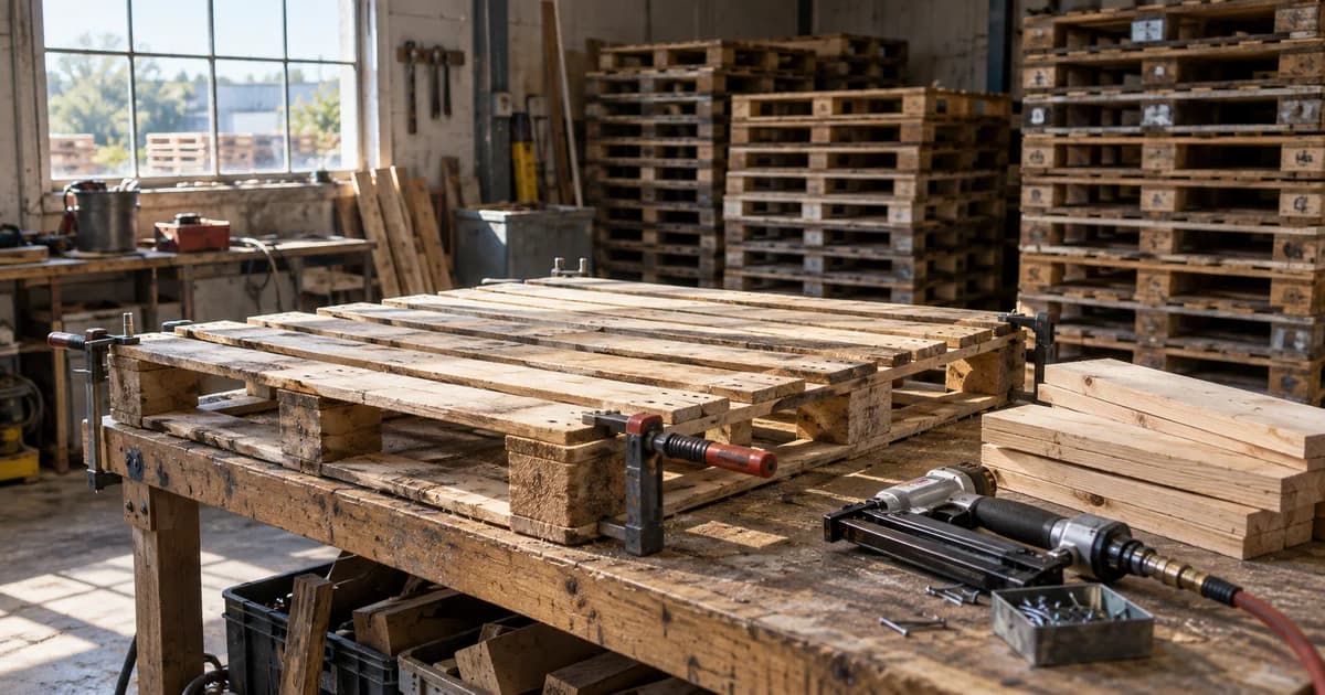 A wooden pallet on a repair bench beside replacement boards and tools.