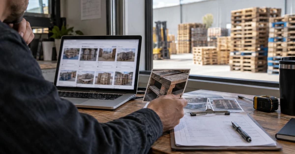 A laptop and pallet inspection photos on a purchasing desk.