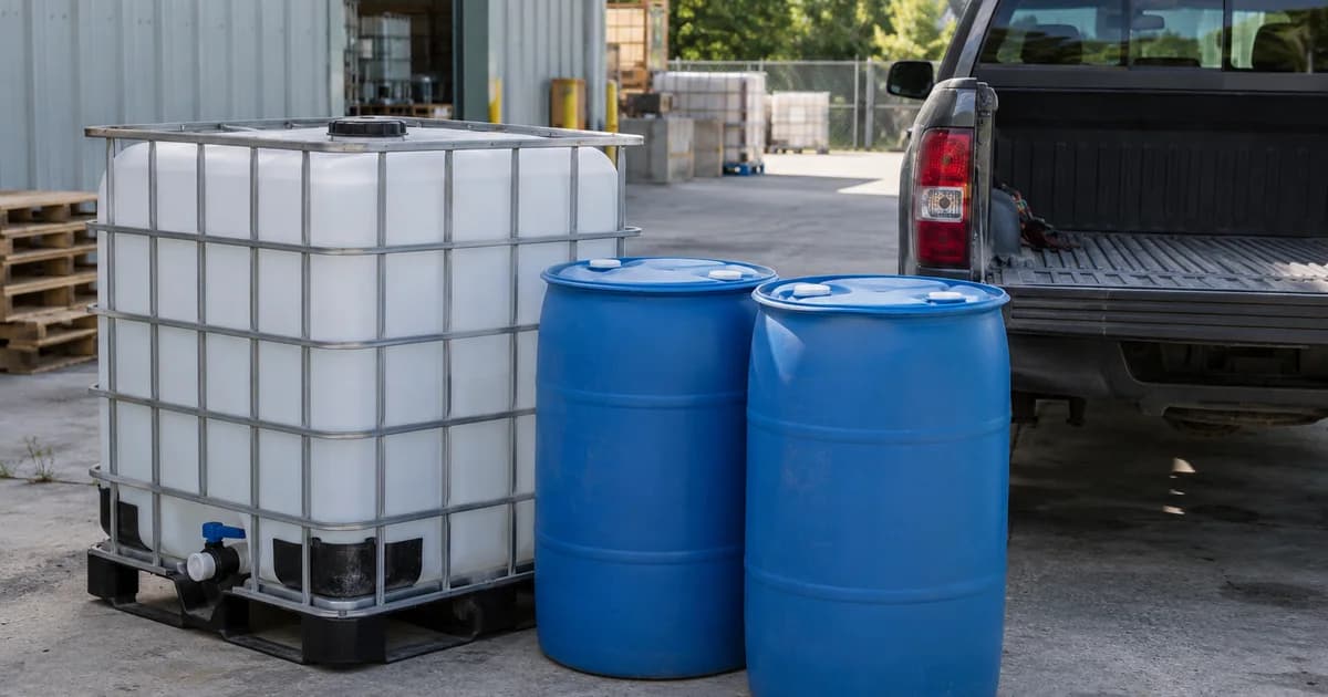 Single IBC tote and two drums staged for a small pickup order.
