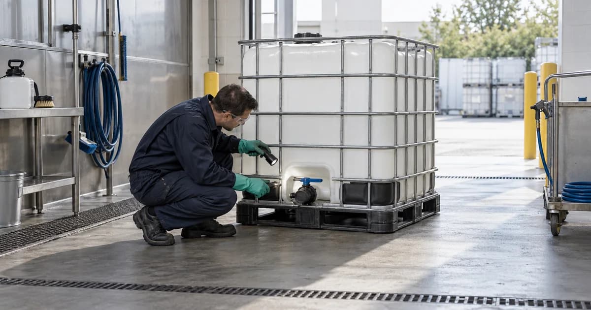 A worker inspecting an empty IBC tote in a wash bay.