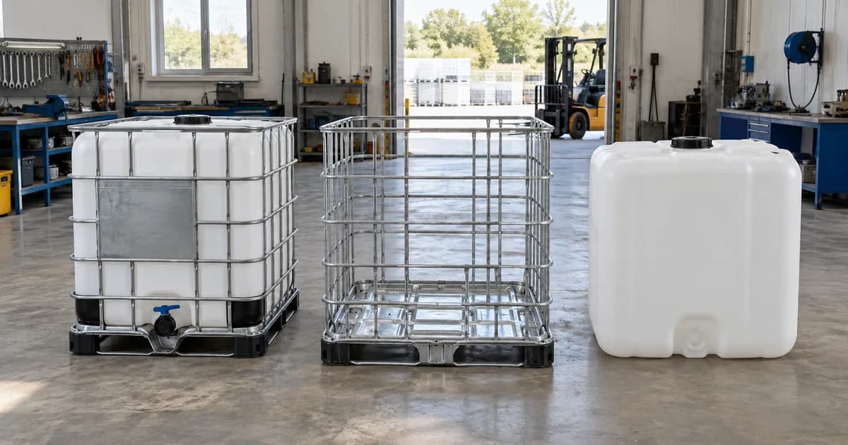 A complete IBC tote beside a replacement bottle and empty steel cage.