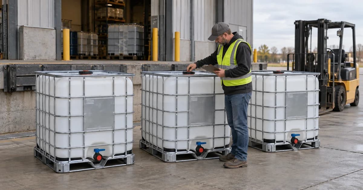 Empty closed IBC totes inspected before loading dock pickup.