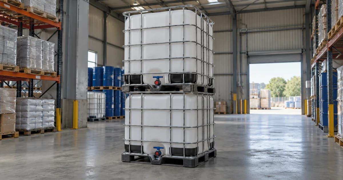 Two empty IBC totes stacked with their bases aligned in a warehouse.
