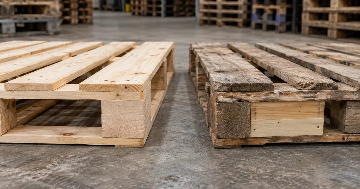 Clean and repaired wooden pallets compared on an inspection floor.