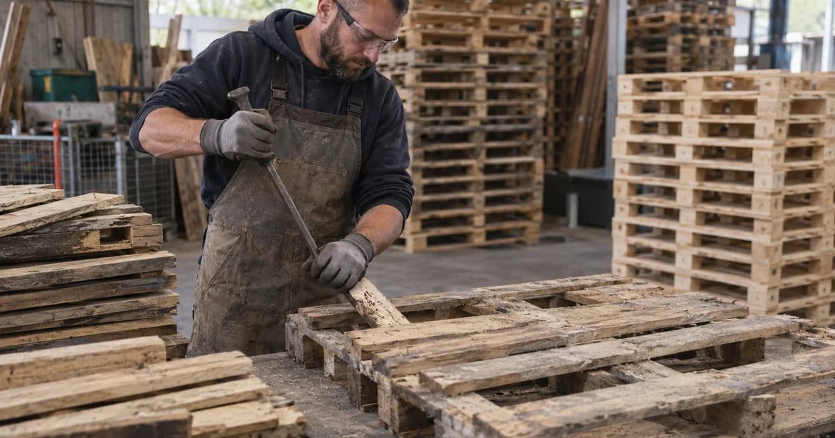 Worker recovering reusable wood boards at a pallet repair bench.
