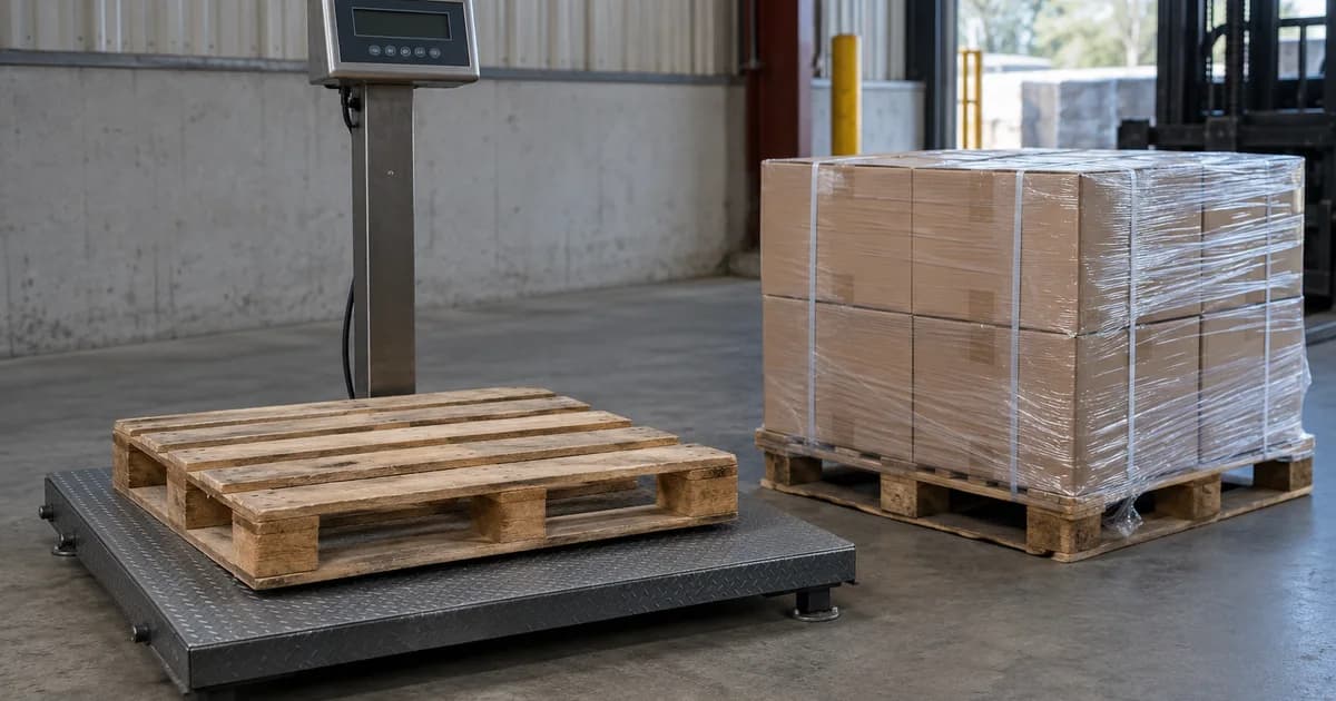 Empty pallet on a floor scale beside a wrapped loaded pallet.