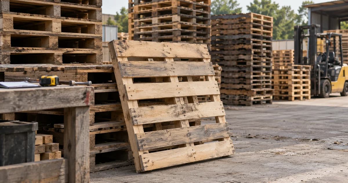 A repaired wooden pallet beside graded stacks in a recycler yard.