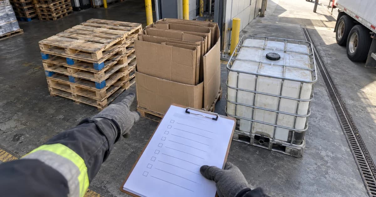 A warehouse manager auditing sorted reusable packaging at a loading dock.