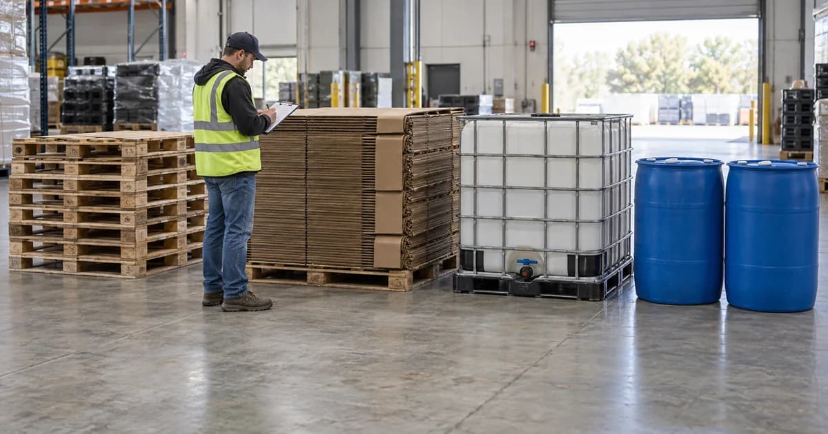 Reusable pallets, Gaylord sleeves, an IBC tote and drums staged for valuation.