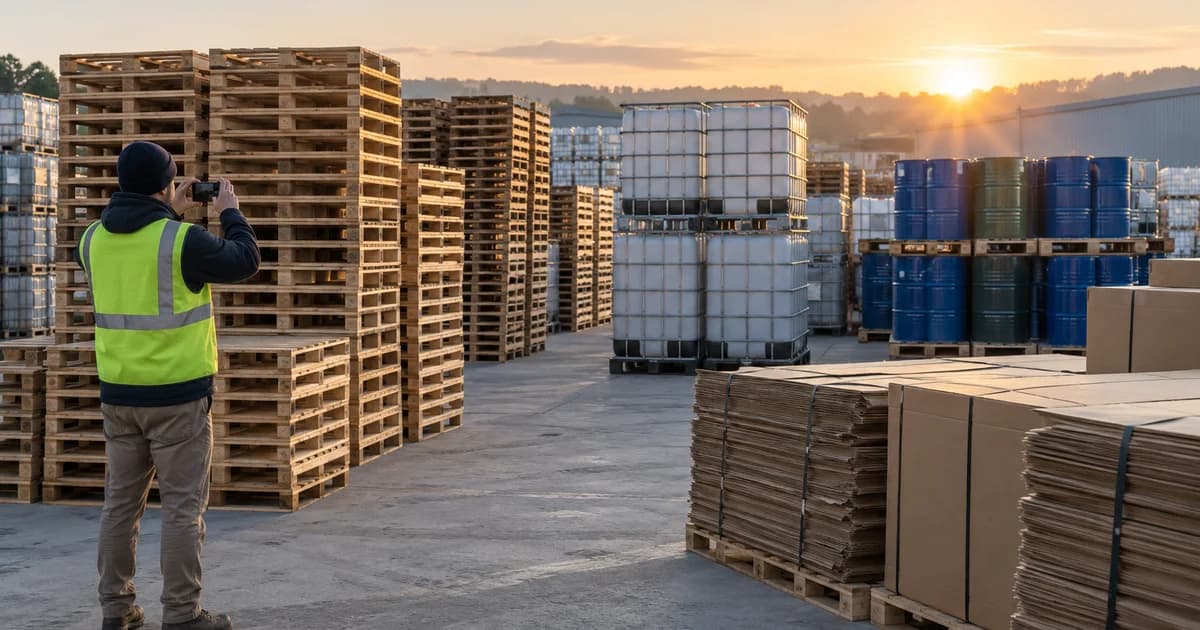 Surplus pallets, totes, drums and bulk boxes sorted for sale.