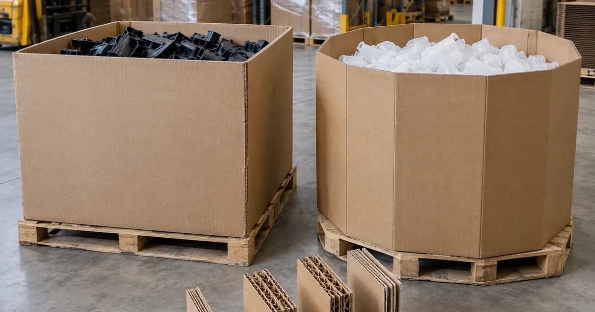 Square and octagonal Gaylord boxes beside layered corrugated wall samples.