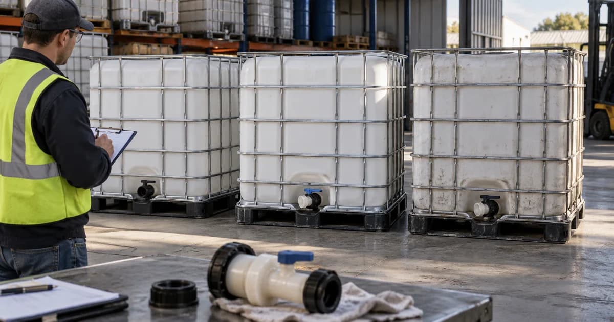 Used IBC totes with different wear levels at an inspection station.