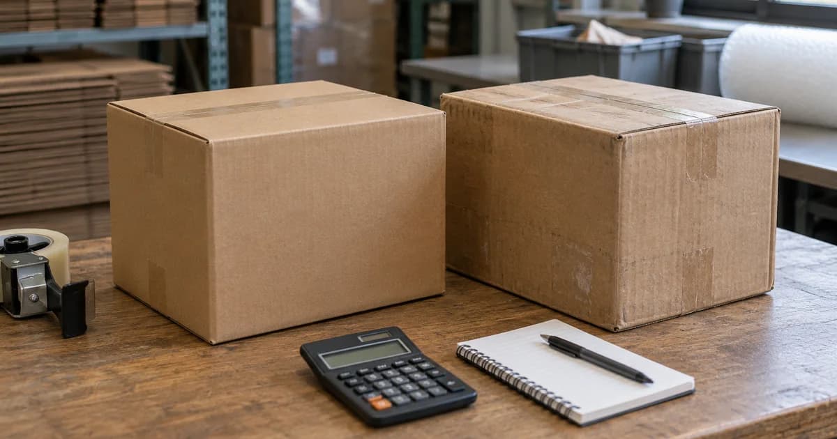 A new box and a clean reused box beside a calculator on a packing bench.
