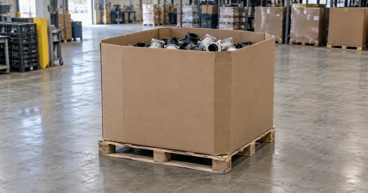 A Gaylord bulk box holding plastic parts on a wooden pallet.