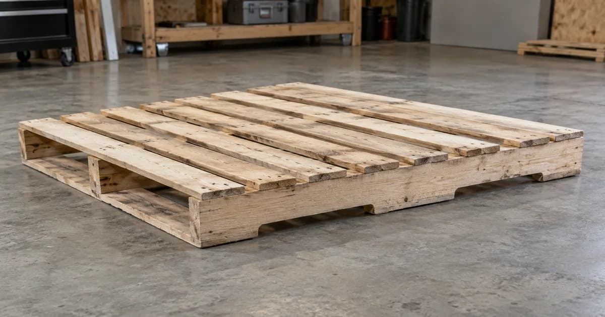 Standard wooden GMA stringer pallet on a warehouse floor.