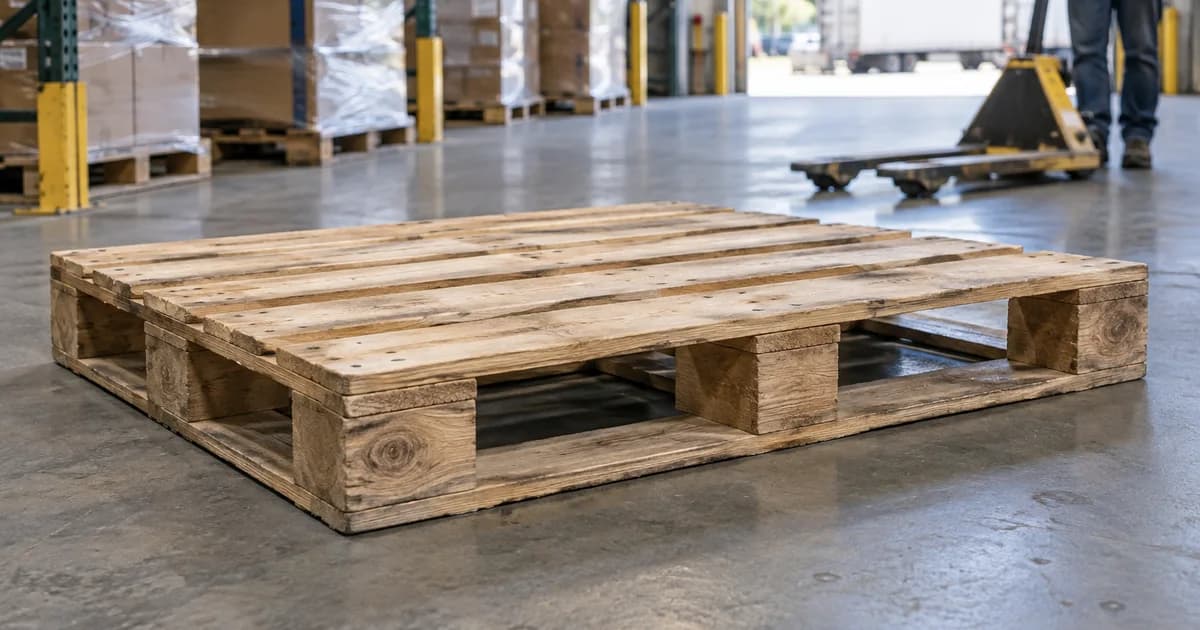 A wooden pallet showing deck boards and forklift openings in a warehouse.
