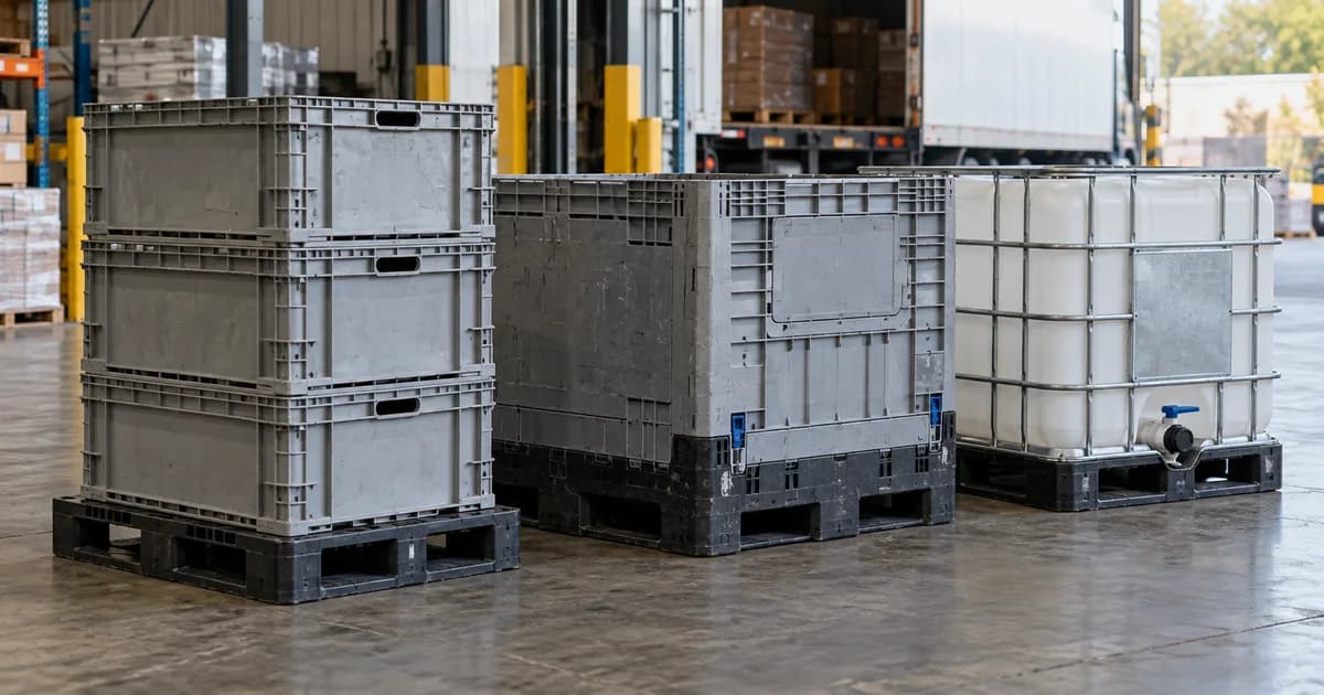 Reusable crates, pallet bin and IBC tote at a distribution center.