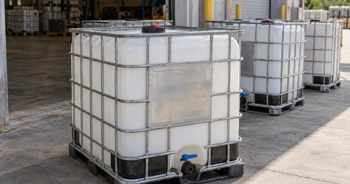 Surplus IBC totes staged at a warehouse dock for resale or recycling.