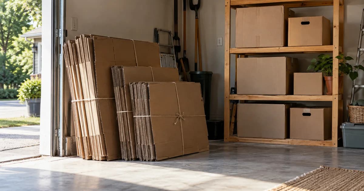 Flattened moving boxes sorted for reuse in a garage.