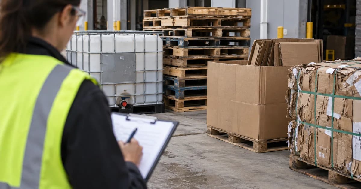 An auditor inspecting separated pallets, totes, bulk boxes and cardboard bales.