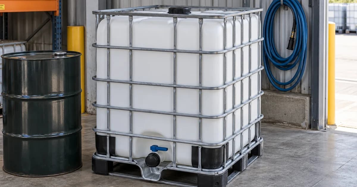 A closed IBC tote with intact cap and valve in an industrial storage area.