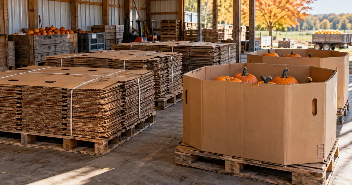 Pumpkin produce bins beside flattened boxes prepared for recovery.