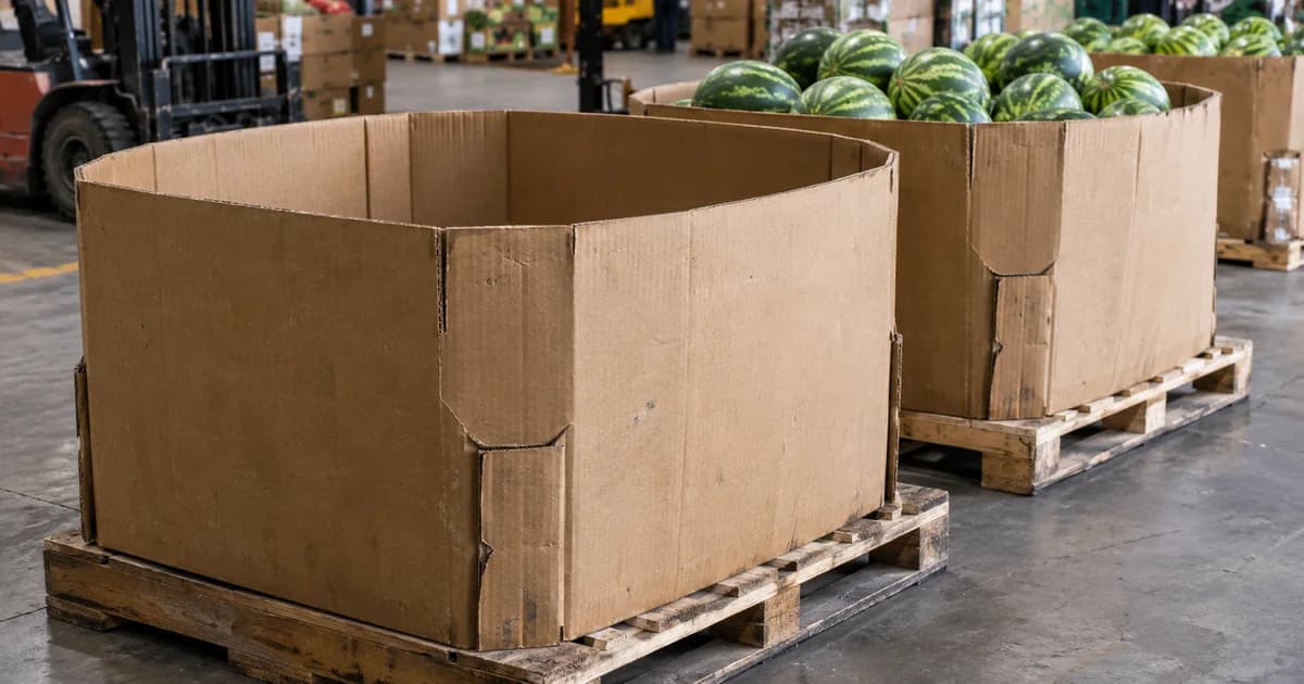 Used watermelon bulk boxes in a produce warehouse.