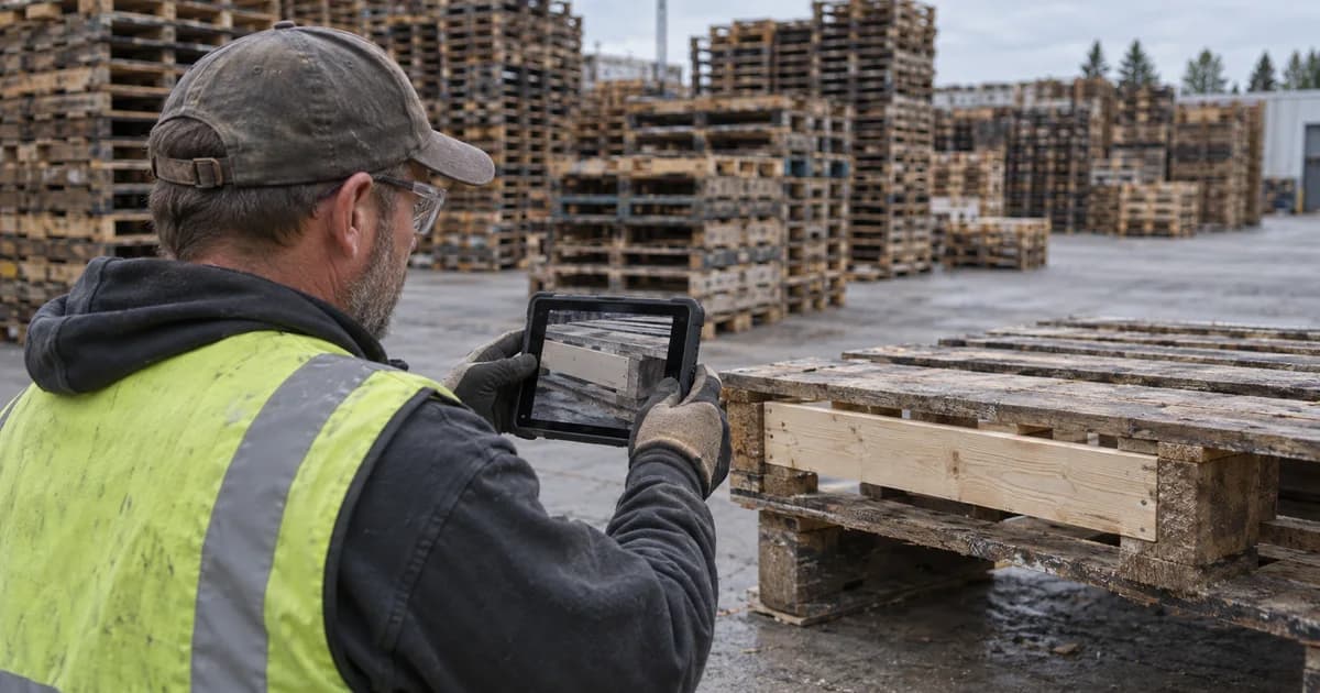 Pallet worker recording a repaired stringer with a tablet.