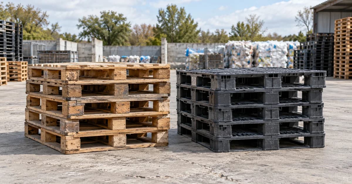 Wooden and molded plastic pallets sorted side by side in a recovery yard.